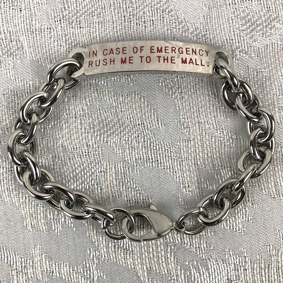 “In Case of Emergency Rush Me to The Mall” Spurious Phrase Chain Link Bracelet - Picture 1 of 11